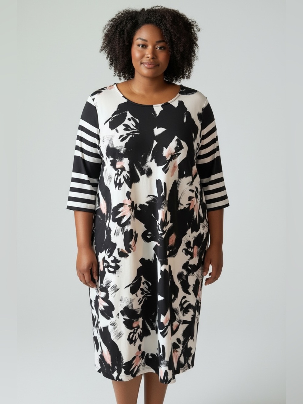 Eloquii Black & White Floral Midi Dress with Pink Highlights